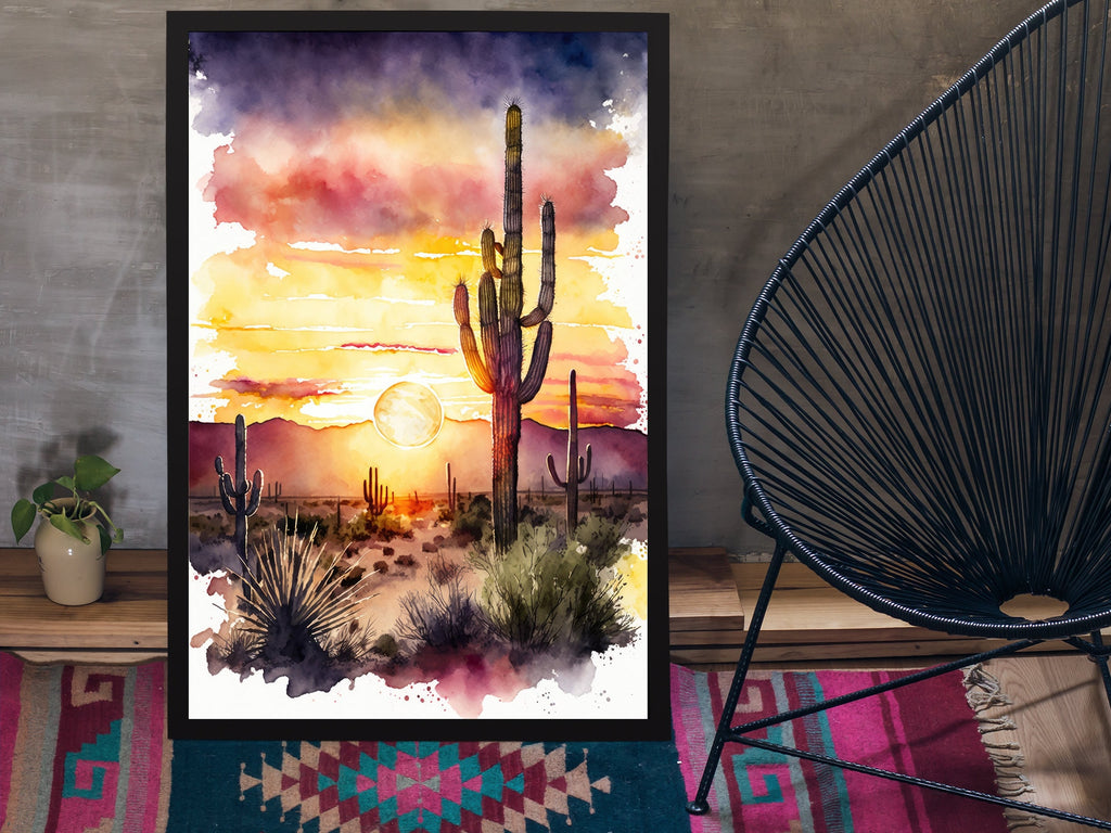 Desert Sunset Print Colorful Watercolor Wall Art Southwest Landscape Gift Saguaro Cactus Beautiful Nature Home Decor