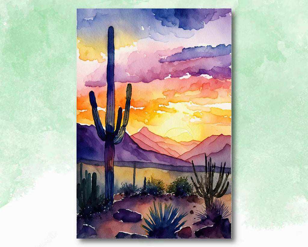 Desert Sunset Print Colorful Watercolor Wall Art Southwest Landscape Gift Saguaro Cactus Beautiful Nature Home Decor