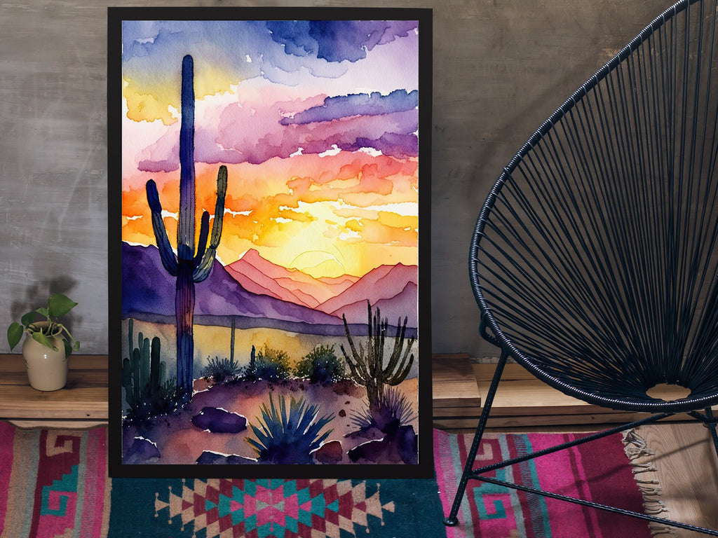 Desert Sunset Print Colorful Watercolor Wall Art Southwest Landscape Gift Saguaro Cactus Beautiful Nature Home Decor