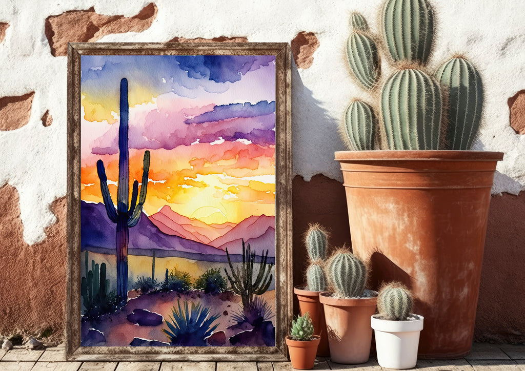 Desert Sunset Print Colorful Watercolor Wall Art Southwest Landscape Gift Saguaro Cactus Beautiful Nature Home Decor