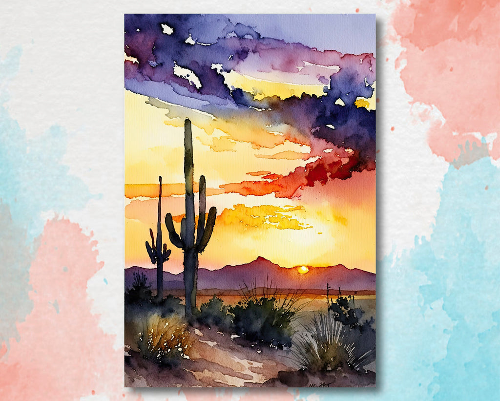 Desert Sunset Print Colorful Watercolor Wall Art Southwest Landscape Gift Saguaro Cactus Beautiful Nature Home Decor