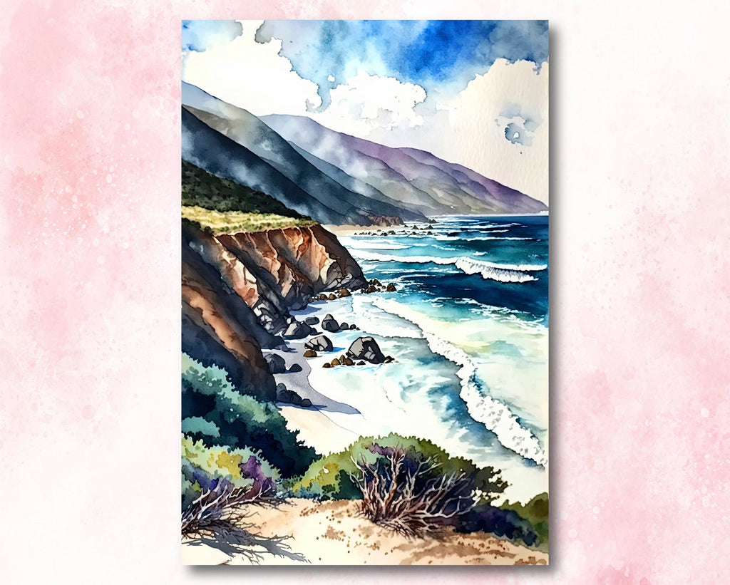 California Big Sur Beach Print Watercolor Ocean Wall Art Tropical Nature Gift Coastal Landscape Home Decor