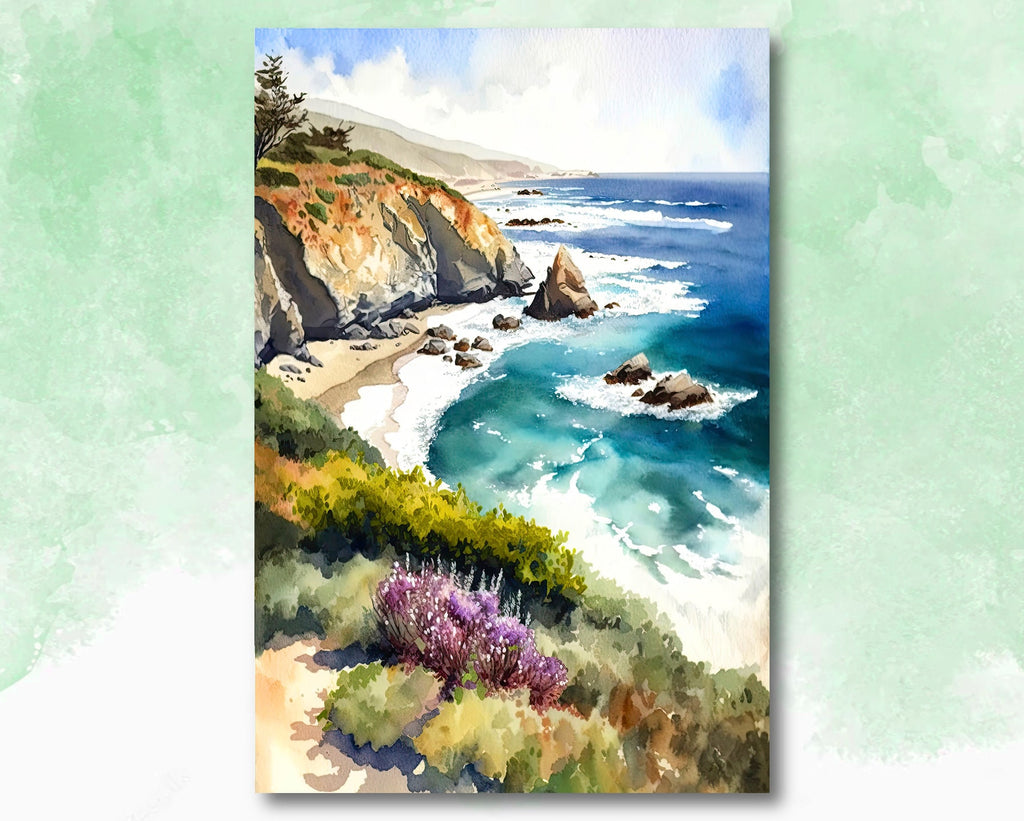 California Big Sur Beach Print Watercolor Ocean Wall Art Tropical Nature Gift Coastal Landscape Home Decor