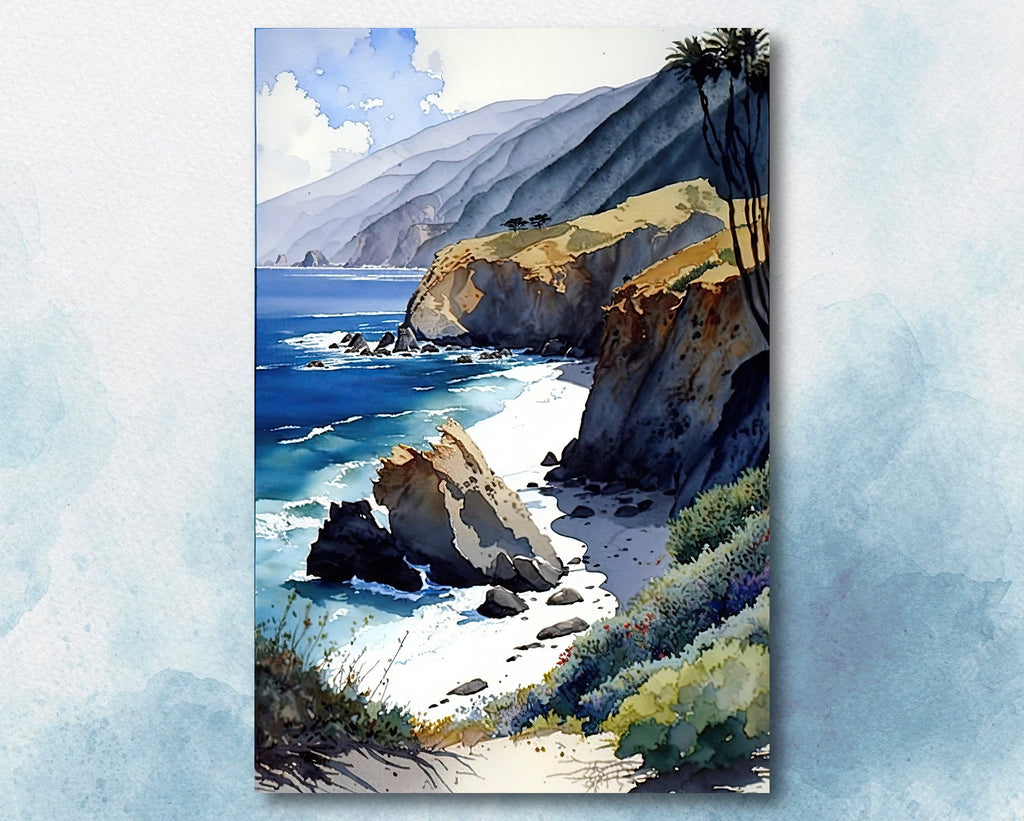 California Big Sur Beach Print Watercolor Ocean Wall Art Tropical Nature Gift Coastal Landscape Home Decor