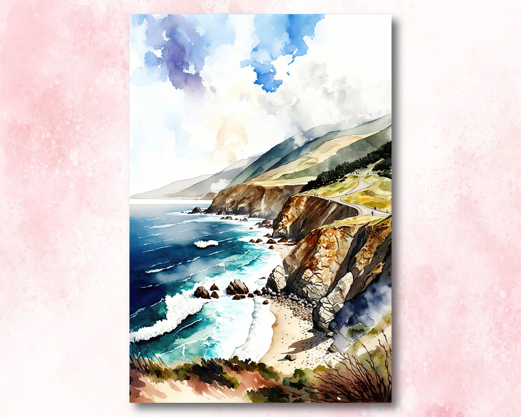 California Big Sur Beach Print Watercolor Ocean Wall Art Tropical Nature Gift Coastal Landscape Home Decor