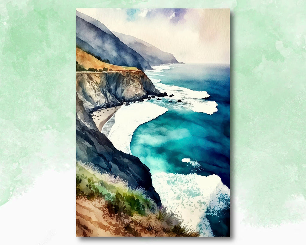 California Big Sur Beach Print Watercolor Ocean Wall Art Tropical Nature Gift Coastal Landscape Home Decor