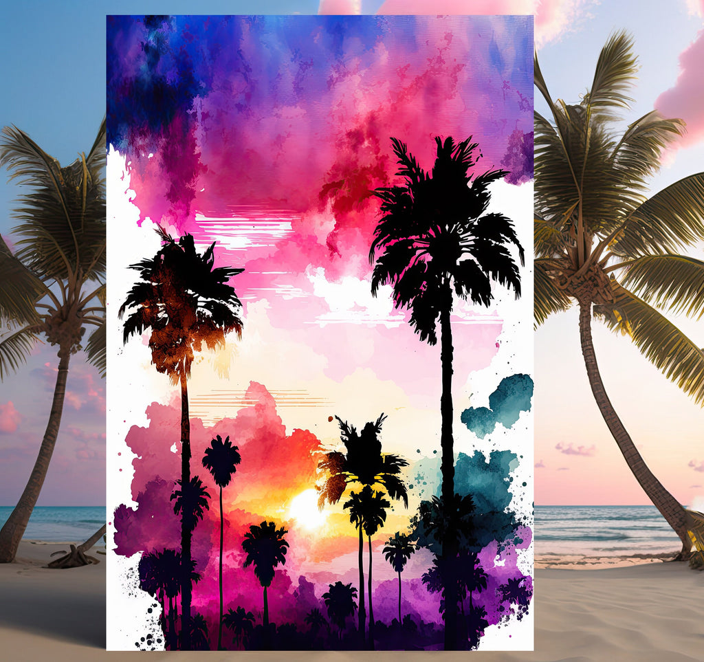 Palm Tree Sunset Art Print Watercolor Coastal Wall Art Nature Inspired Gift Tropical Beach House Home Decor