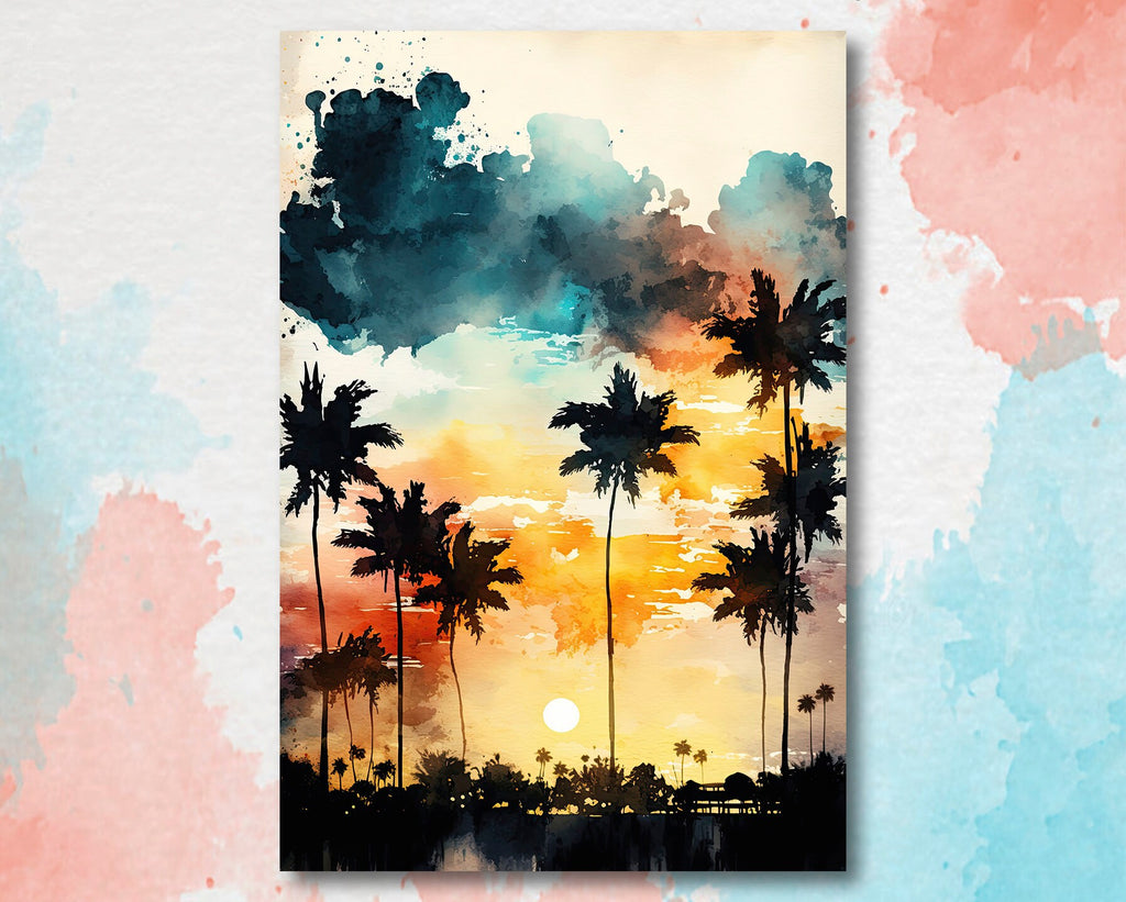 Palm Tree Sunset Art Print Watercolor Coastal Wall Art Nature Inspired Gift Tropical Beach House Home Decor