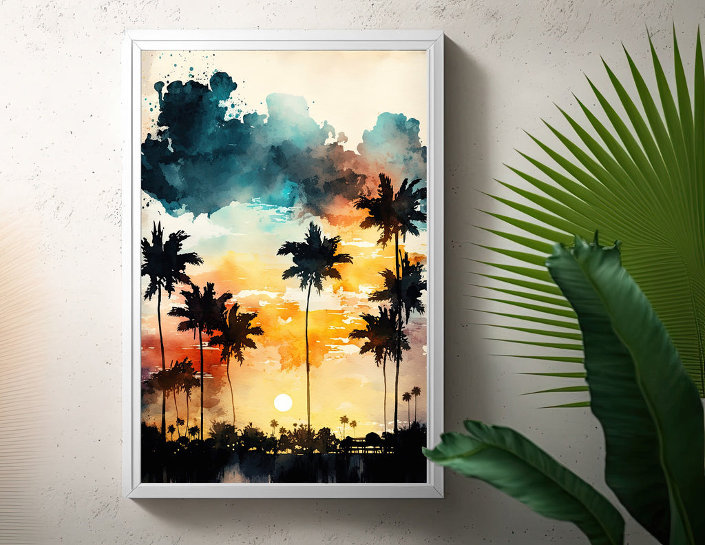 Palm Tree Sunset Art Print Watercolor Coastal Wall Art Nature Inspired Gift Tropical Beach House Home Decor