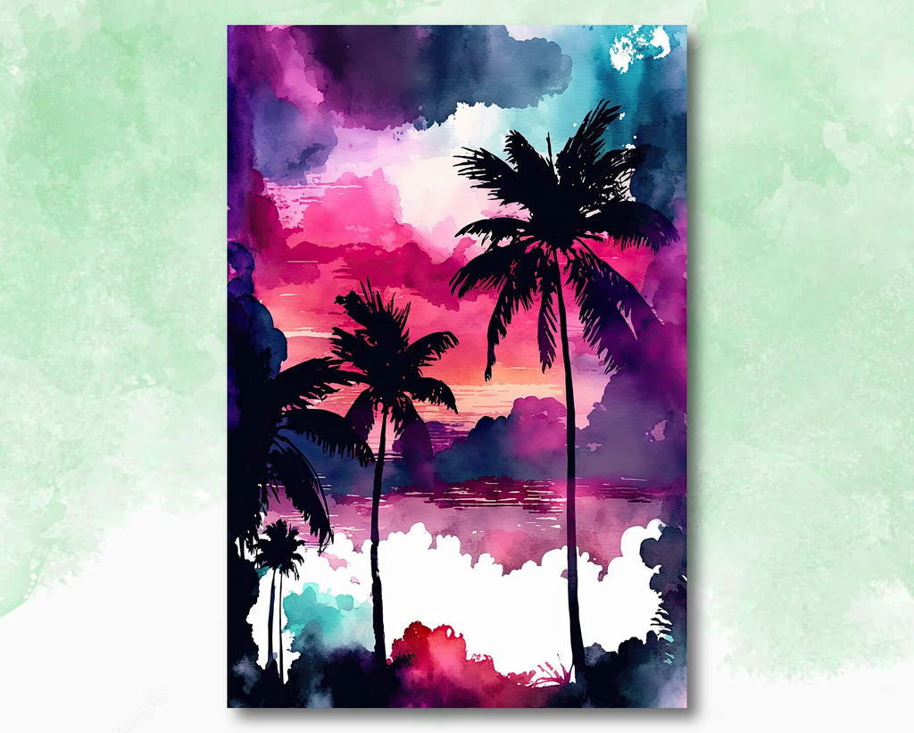 Palm Tree Sunset Art Print Watercolor Coastal Wall Art Nature Inspired Gift Tropical Beach House Home Decor