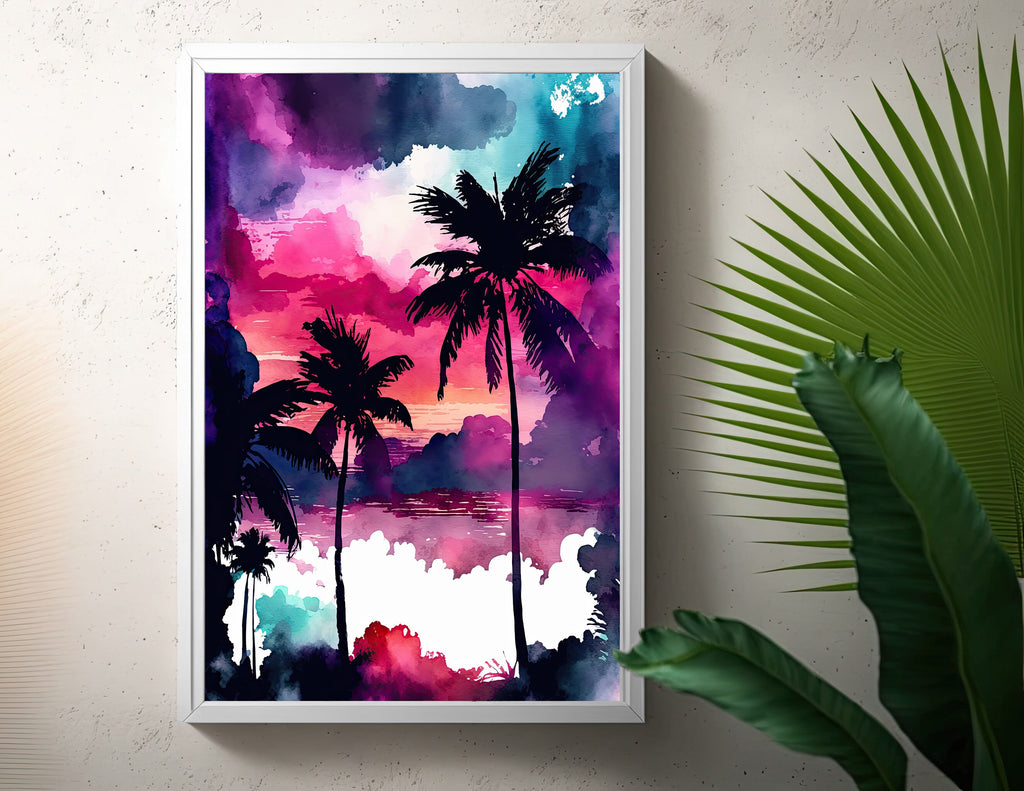 Palm Tree Sunset Art Print Watercolor Coastal Wall Art Nature Inspired Gift Tropical Beach House Home Decor