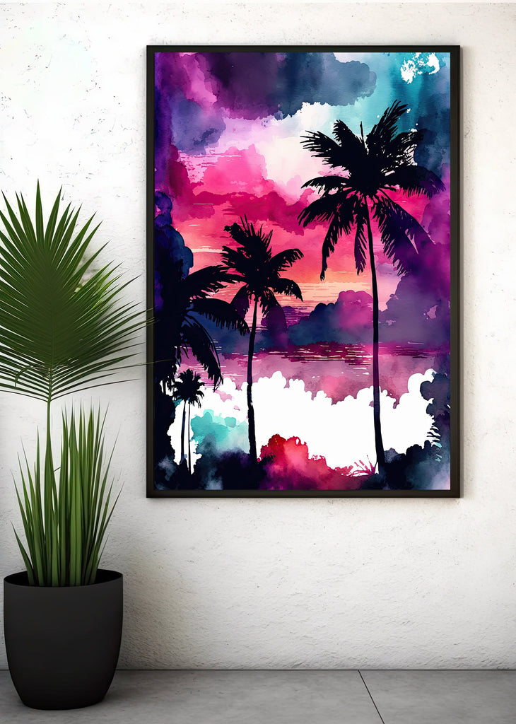 Palm Tree Sunset Art Print Watercolor Coastal Wall Art Nature Inspired Gift Tropical Beach House Home Decor