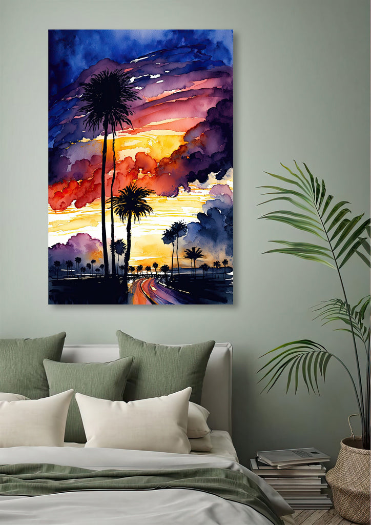 Palm Tree Sunset Art Print Watercolor Coastal Wall Art Nature Inspired Gift Tropical Beach House Home Decor