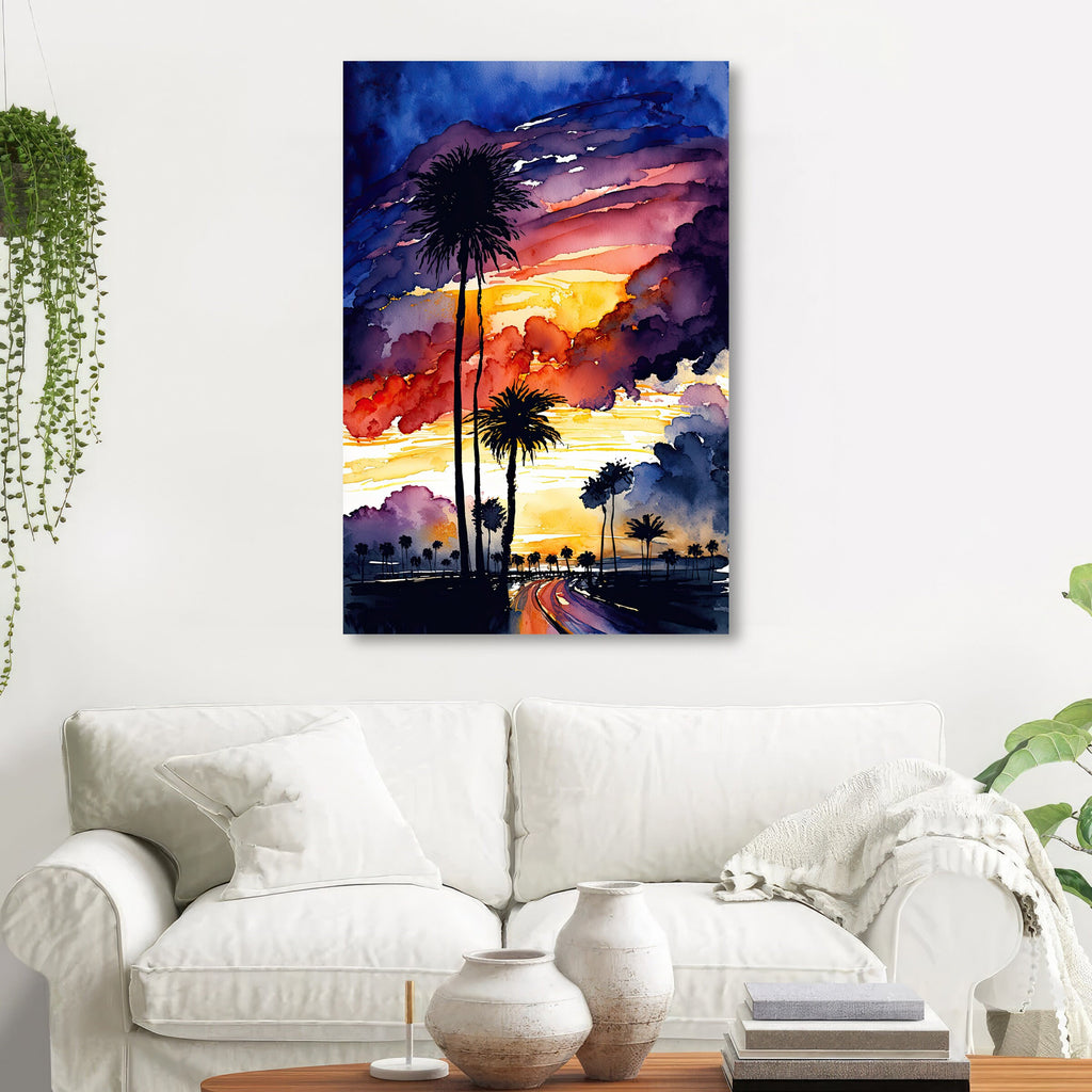 Palm Tree Sunset Art Print Watercolor Coastal Wall Art Nature Inspired Gift Tropical Beach House Home Decor