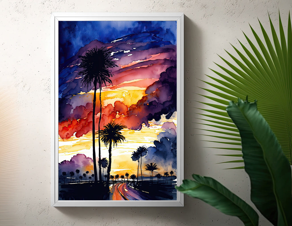 Palm Tree Sunset Art Print Watercolor Coastal Wall Art Nature Inspired Gift Tropical Beach House Home Decor