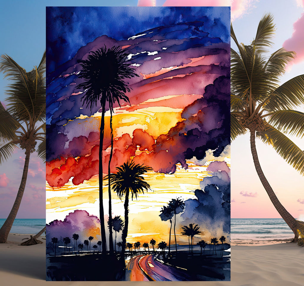 Palm Tree Sunset Art Print Watercolor Coastal Wall Art Nature Inspired Gift Tropical Beach House Home Decor