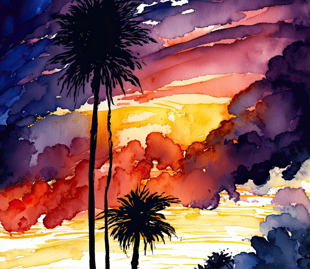 Palm Tree Sunset Art Print Watercolor Coastal Wall Art Nature Inspired Gift Tropical Beach House Home Decor