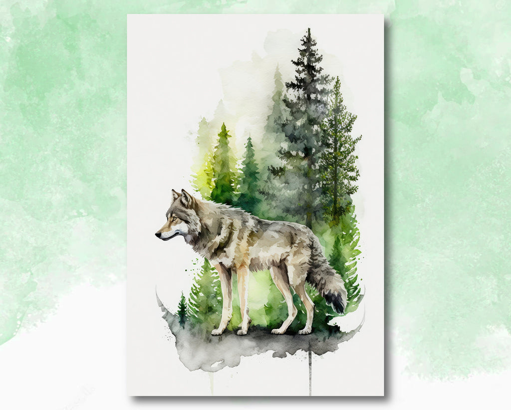 Wolf Watercolor Print Forest Wall Art Nature Wildlife Gift Wild Animal Painting Woodland Home Decor