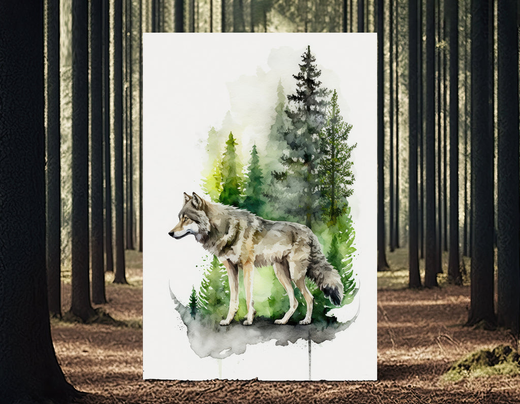 Wolf Watercolor Print Forest Wall Art Nature Wildlife Gift Wild Animal Painting Woodland Home Decor