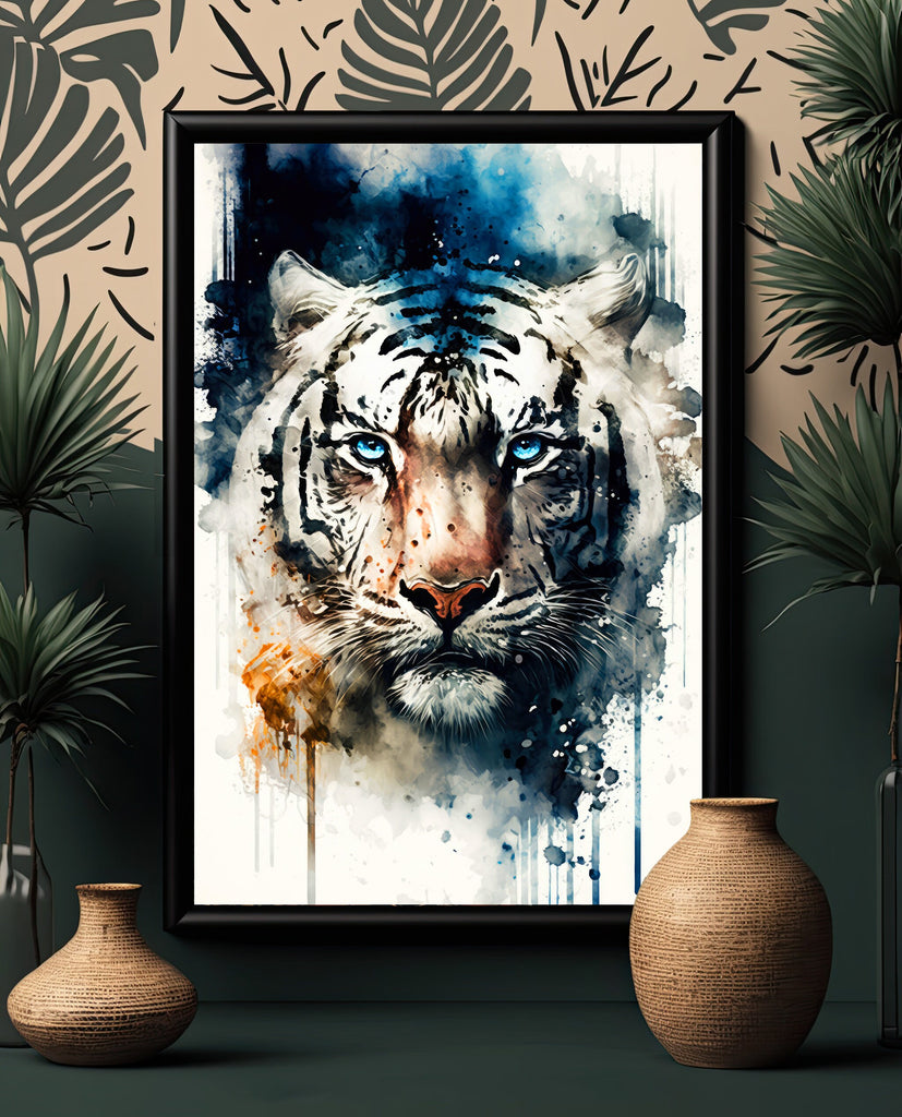 White Tiger Print Wild Cat Animal Wall Art Colorful Wildlife Safari Gift Animal Jungle Nursery Home Decor