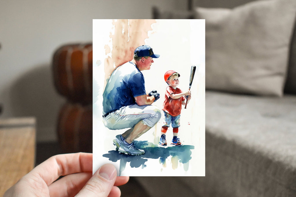 Watercolor Baseball Fathers Day Card Dad Gift For Him Daddy Father's Day Gift Sports Greeting Card - 5x7 inches in Packs of 1, 10, 30, & 50