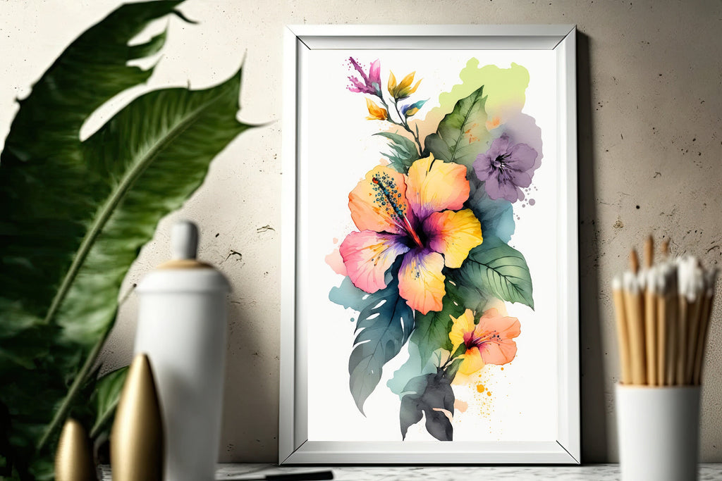 Hawaiian Hibiscus Flower Bouquet Print Watercolor Botanical Wall Art Flower Painting Gift Floral Tropical Home Decor