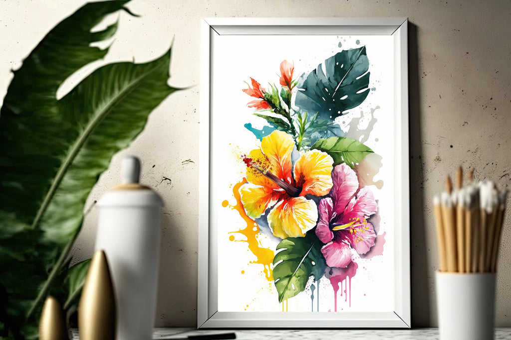 Hawaiian Hibiscus Flower Bouquet Print Watercolor Botanical Wall Art Flower Painting Gift Floral Tropical Home Decor