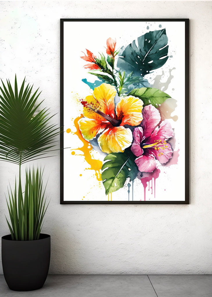 Hawaiian Hibiscus Flower Bouquet Print Watercolor Botanical Wall Art Flower Painting Gift Floral Tropical Home Decor