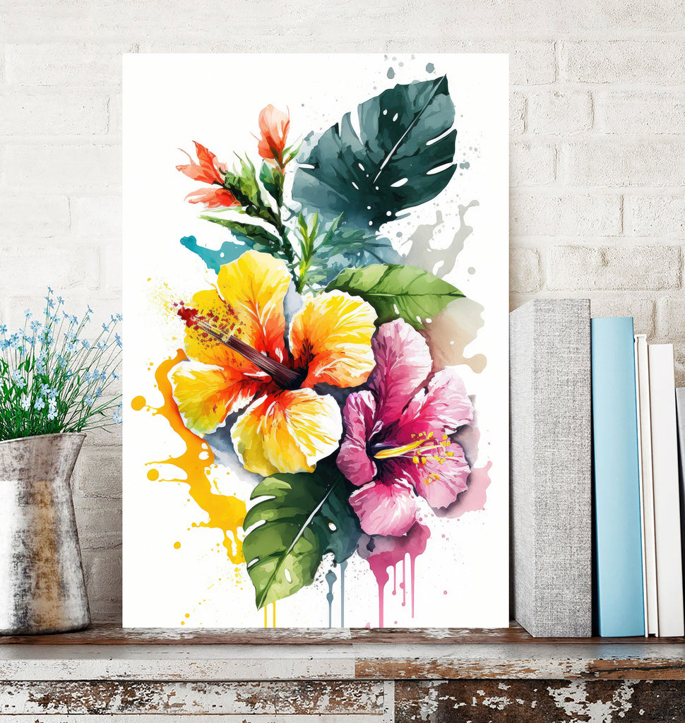 Hawaiian Hibiscus Flower Bouquet Print Watercolor Botanical Wall Art Flower Painting Gift Floral Tropical Home Decor