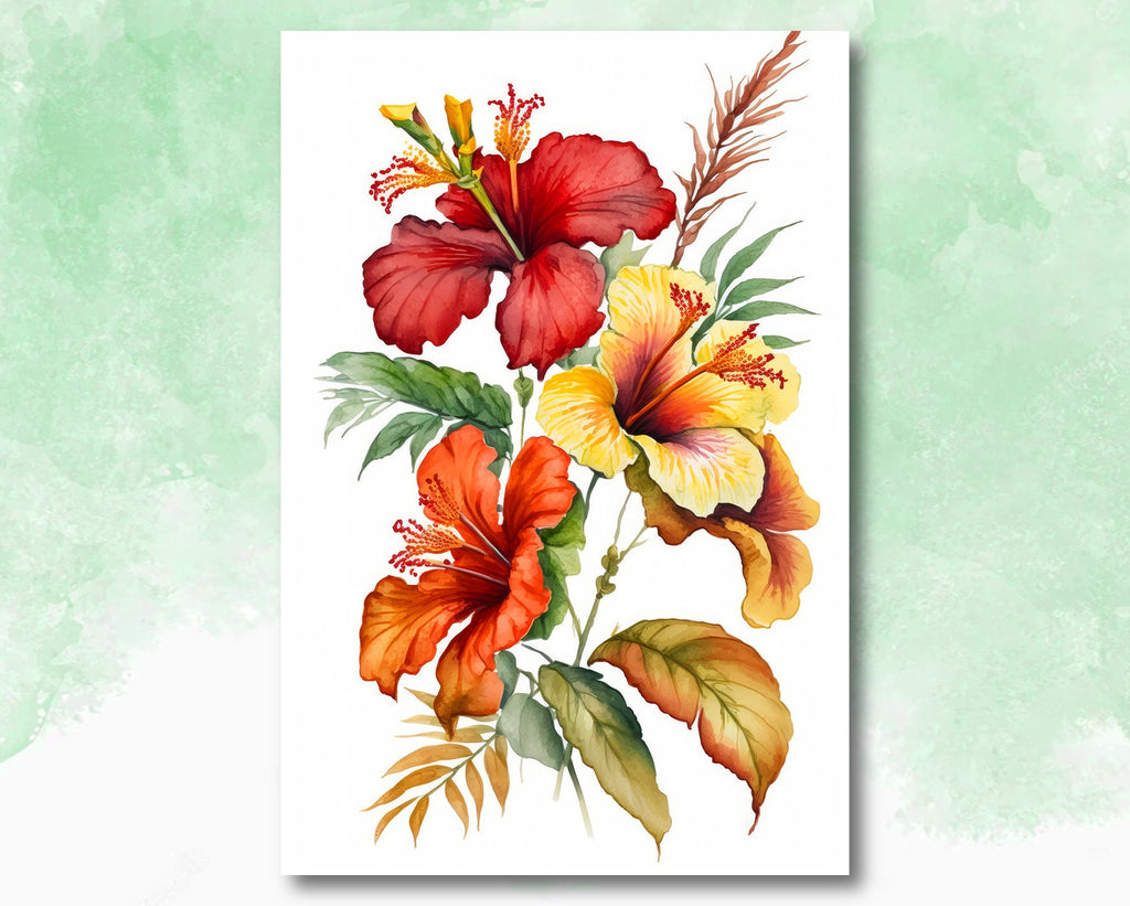 Hawaiian Hibiscus Flower Bouquet Print Watercolor Botanical Wall Art Flower Painting Gift Floral Tropical Home Decor