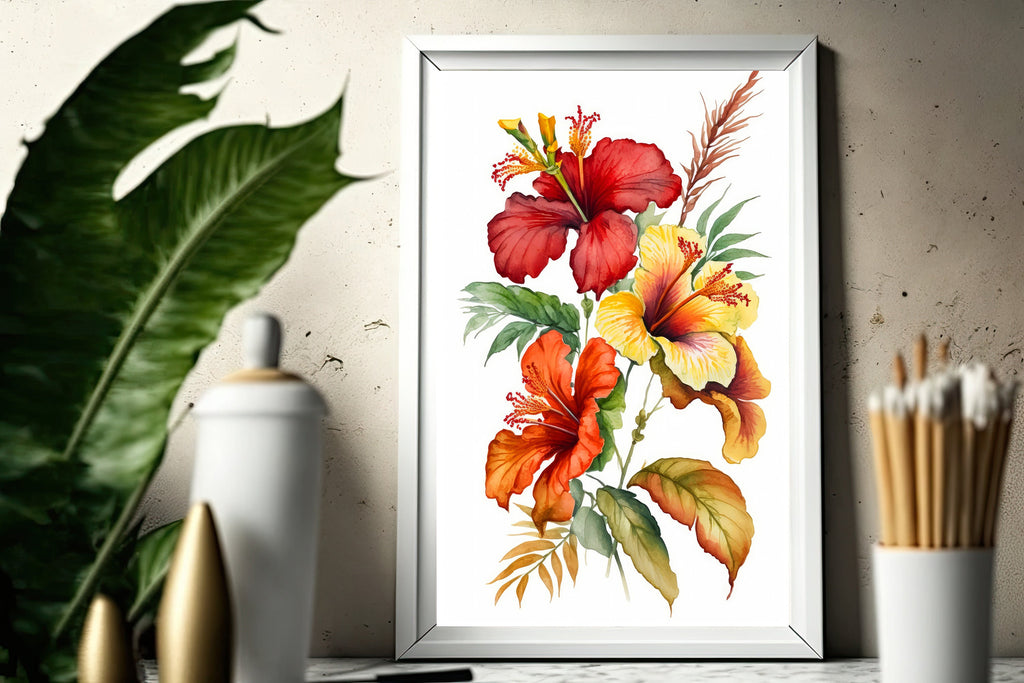 Hawaiian Hibiscus Flower Bouquet Print Watercolor Botanical Wall Art Flower Painting Gift Floral Tropical Home Decor