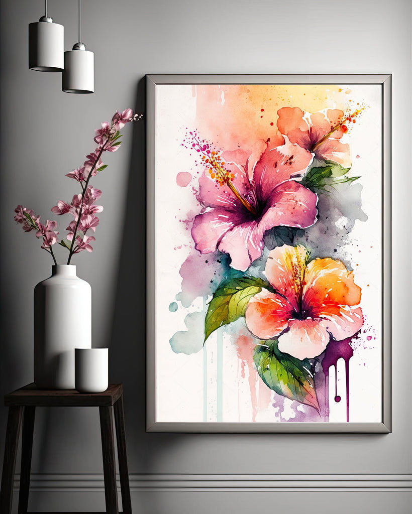 Hawaiian Hibiscus Flower Bouquet Print Watercolor Botanical Wall Art Flower Painting Gift Floral Tropical Home Decor