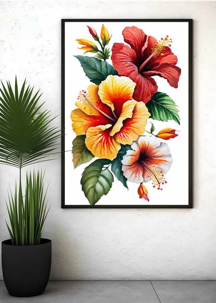 Hawaiian Hibiscus Flower Bouquet Print Watercolor Botanical Wall Art Flower Painting Gift Floral Tropical Home Decor