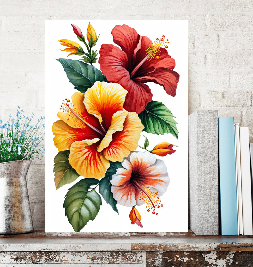 Hawaiian Hibiscus Flower Bouquet Print Watercolor Botanical Wall Art Flower Painting Gift Floral Tropical Home Decor