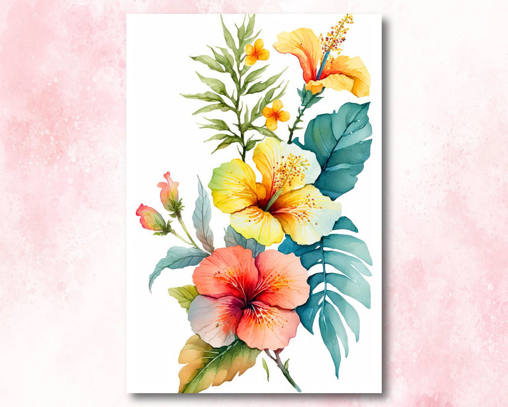 Hawaiian Hibiscus Flower Bouquet Print Watercolor Botanical Wall Art Flower Painting Gift Floral Tropical Home Decor