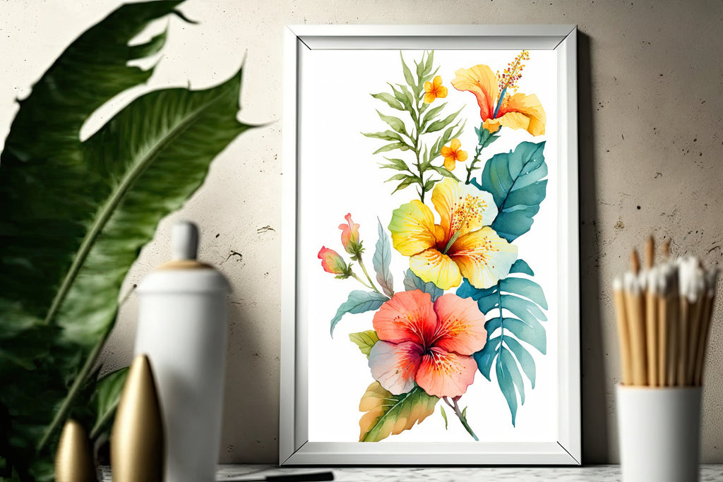 Hawaiian Hibiscus Flower Bouquet Print Watercolor Botanical Wall Art Flower Painting Gift Floral Tropical Home Decor