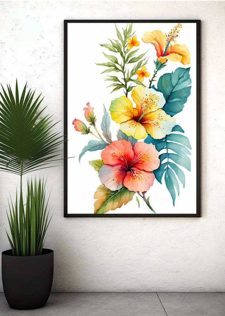 Hawaiian Hibiscus Flower Bouquet Print Watercolor Botanical Wall Art Flower Painting Gift Floral Tropical Home Decor