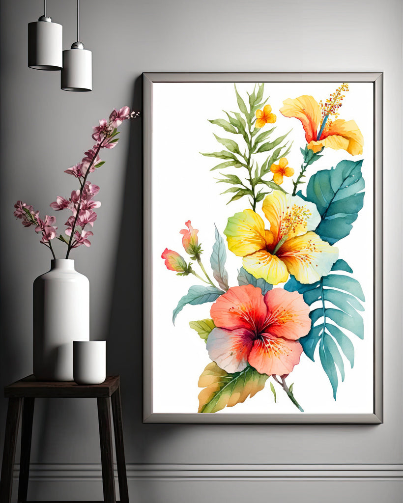 Hawaiian Hibiscus Flower Bouquet Print Watercolor Botanical Wall Art Flower Painting Gift Floral Tropical Home Decor