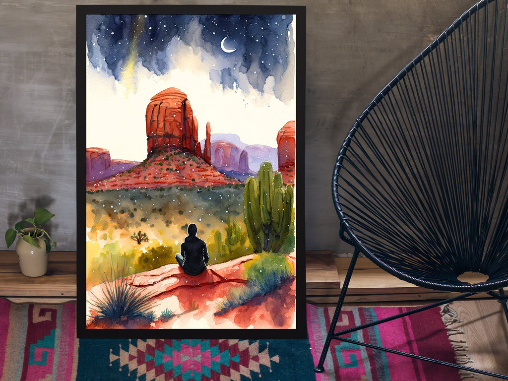 Watercolor Sedona Arizona Sunset Meditation Art Print Southwest Wall Art Landscape Gift Desert Home Western Decor