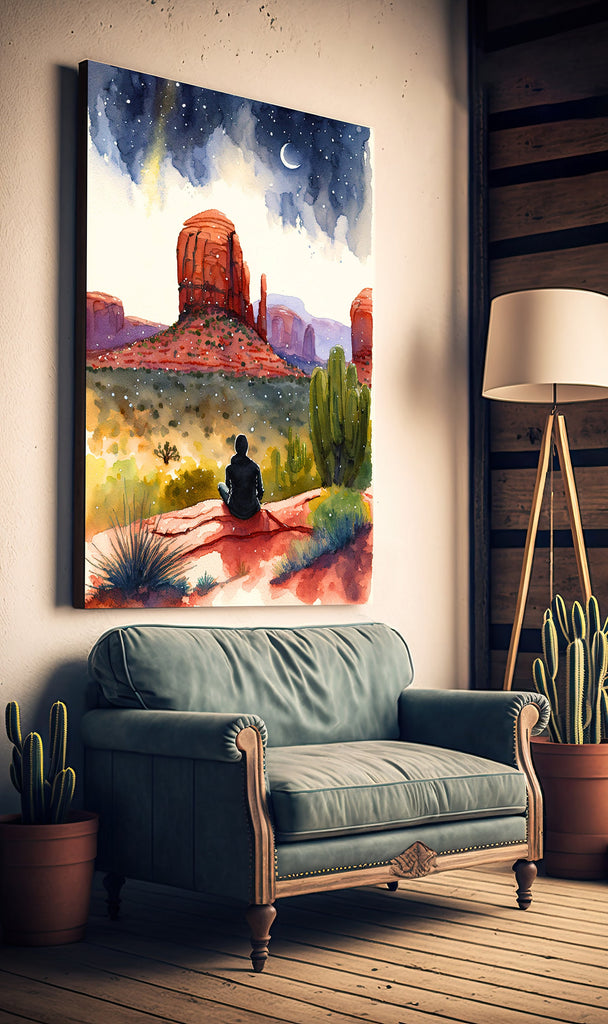 Watercolor Sedona Arizona Sunset Meditation Art Print Southwest Wall Art Landscape Gift Desert Home Western Decor