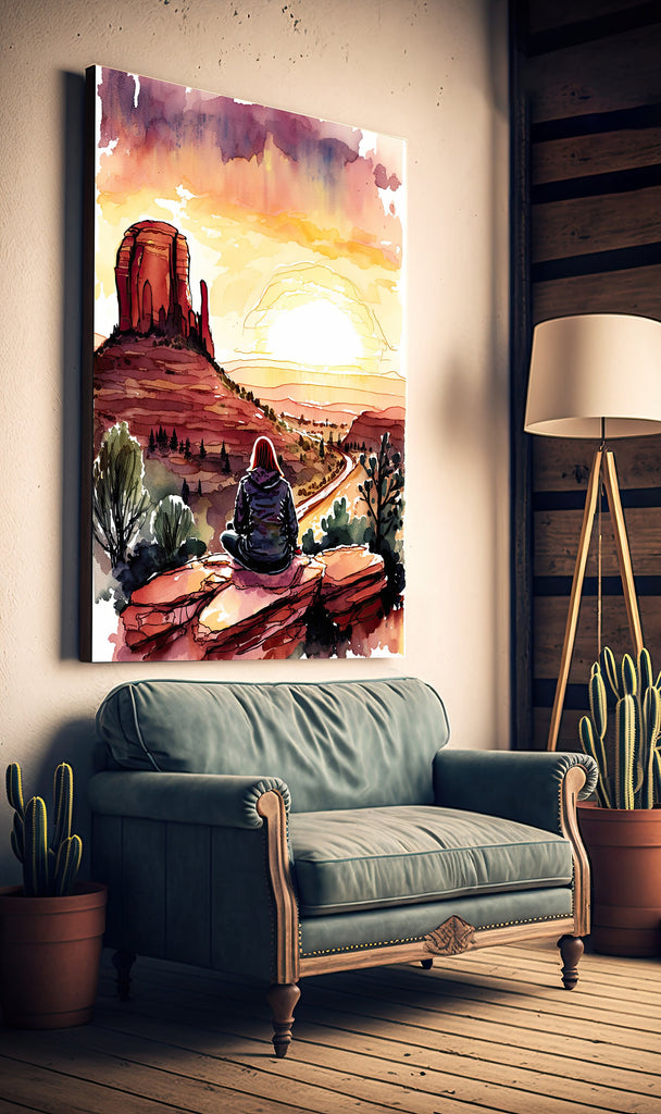 Watercolor Sedona Arizona Sunset Meditation Art Print Southwest Wall Art Landscape Gift Desert Home Western Decor