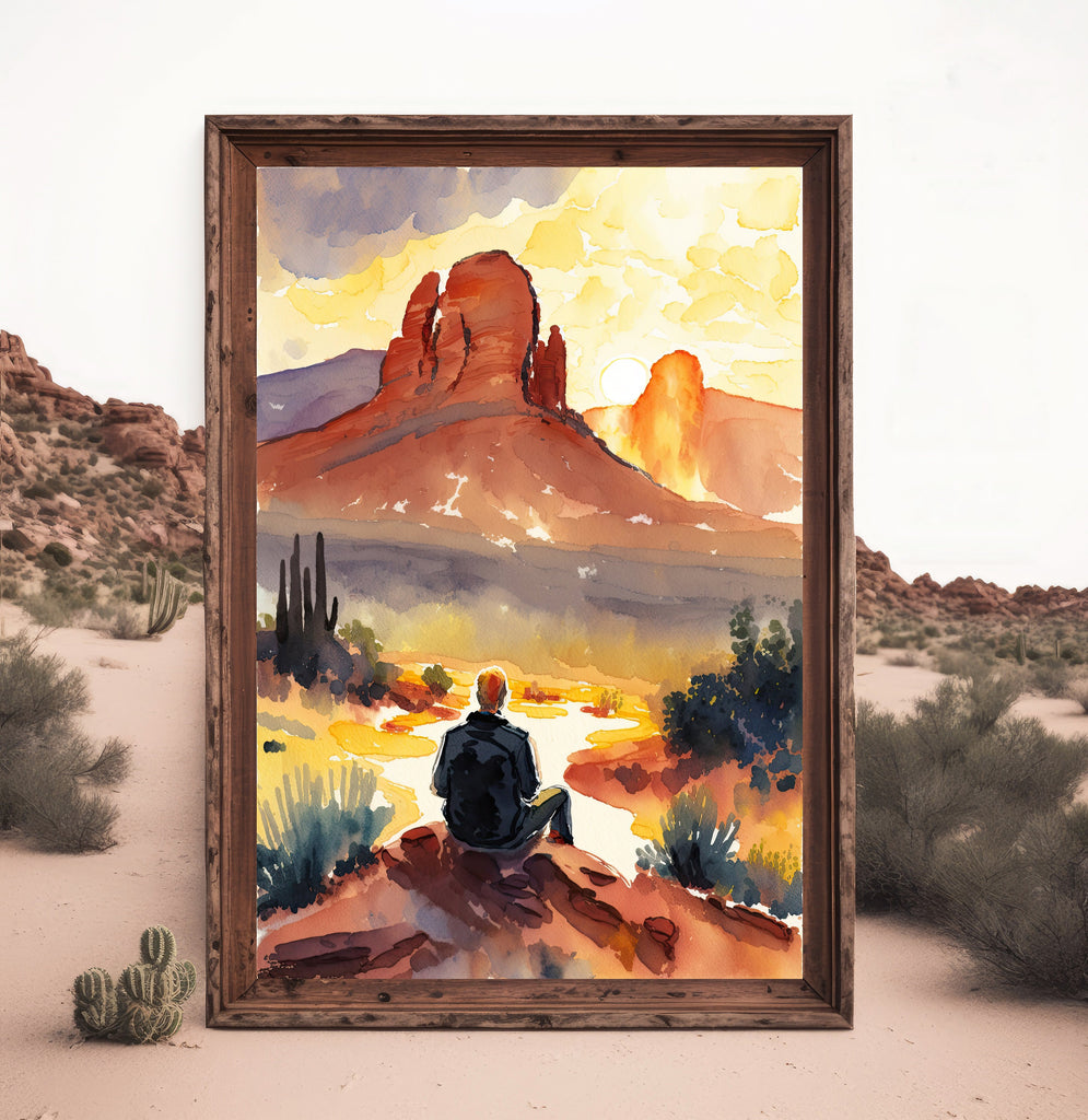 Watercolor Sedona Arizona Sunset Meditation Art Print Southwest Wall Art Landscape Gift Desert Home Western Decor