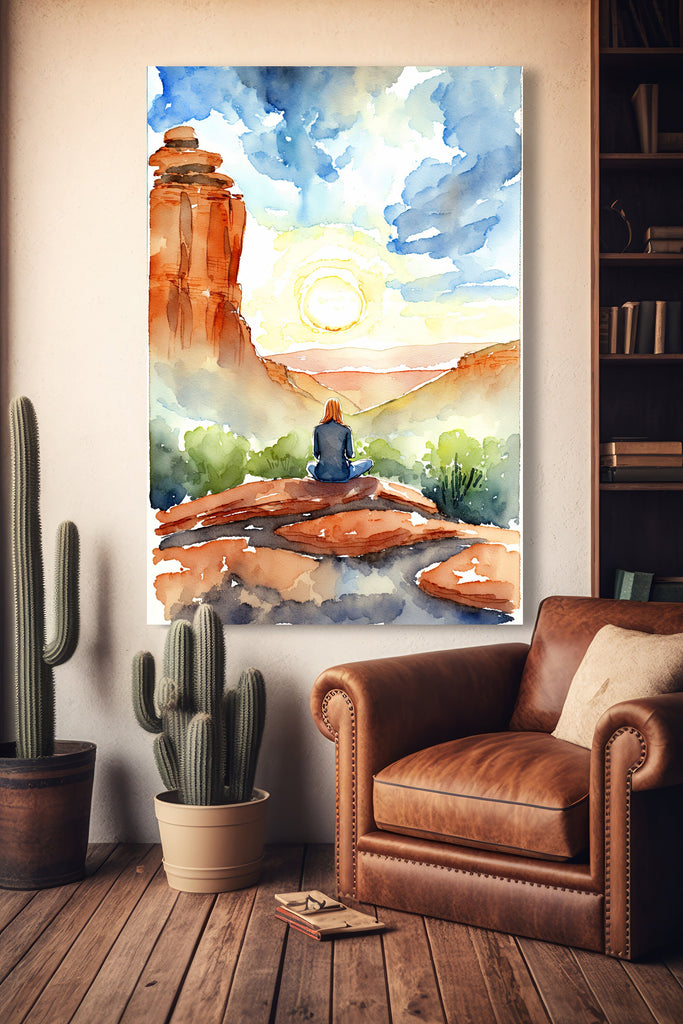 Watercolor Sedona Arizona Sunset Meditation Art Print Southwest Wall Art Landscape Gift Desert Home Western Decor