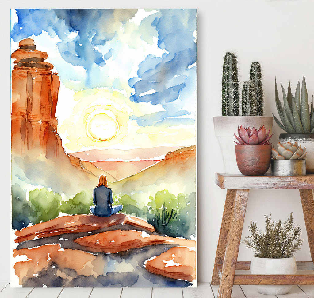 Watercolor Sedona Arizona Sunset Meditation Art Print Southwest Wall Art Landscape Gift Desert Home Western Decor