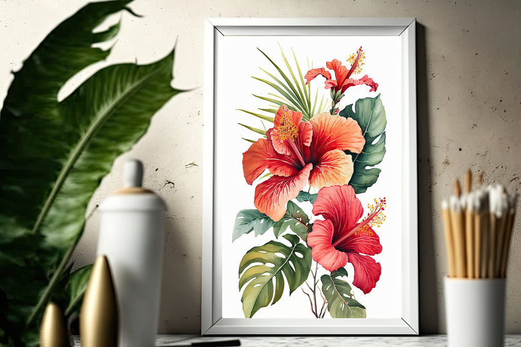 Hawaiian Hibiscus Flower Bouquet Print Watercolor Botanical Wall Art Flower Painting Gift Floral Tropical Home Decor