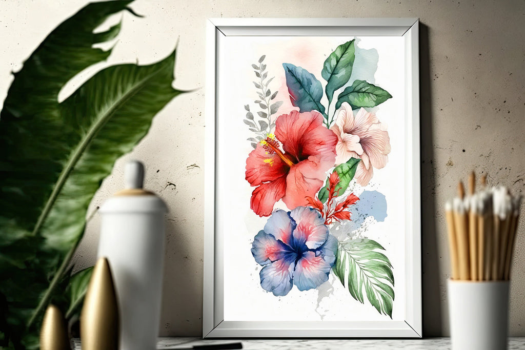 Hawaiian Hibiscus Flower Bouquet Print Watercolor Botanical Wall Art Flower Painting Gift Floral Tropical Home Decor