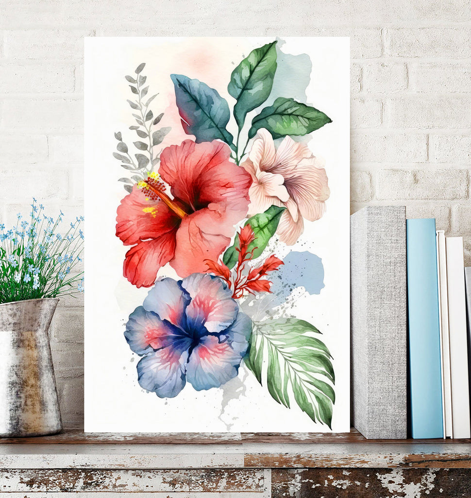 Hawaiian Hibiscus Flower Bouquet Print Watercolor Botanical Wall Art Flower Painting Gift Floral Tropical Home Decor