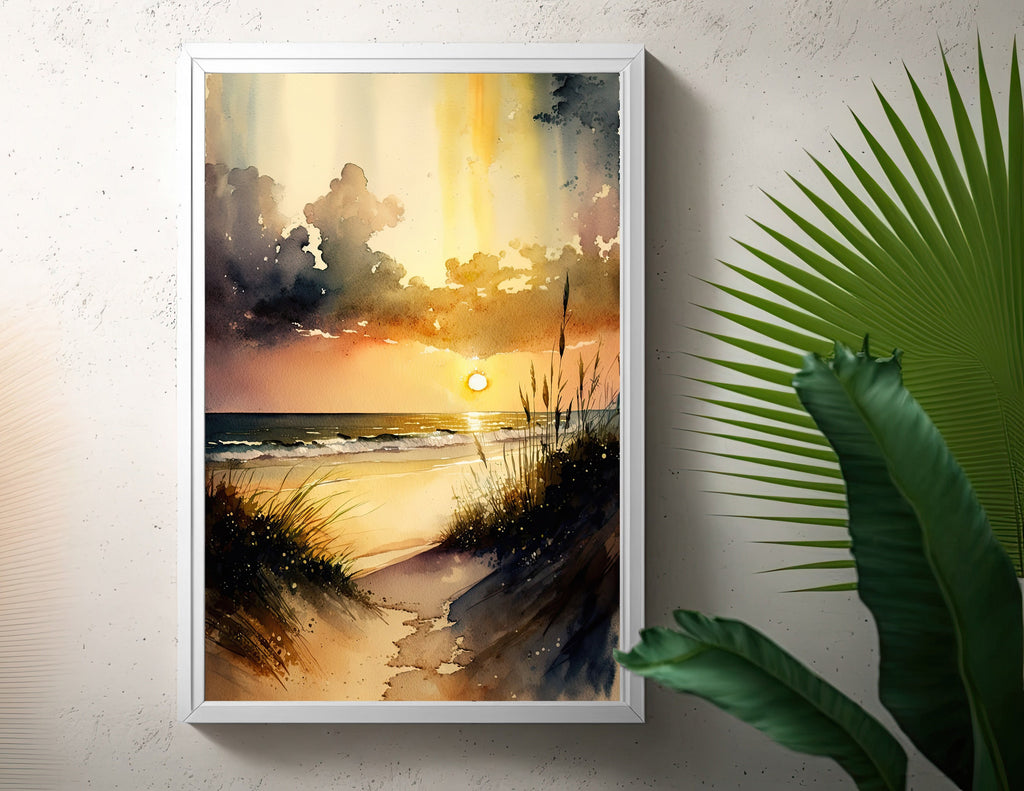 Beach Sunset Watercolor Print Ocean Wall Art Tropical Nature Gift Coastal Landscape Home Decor