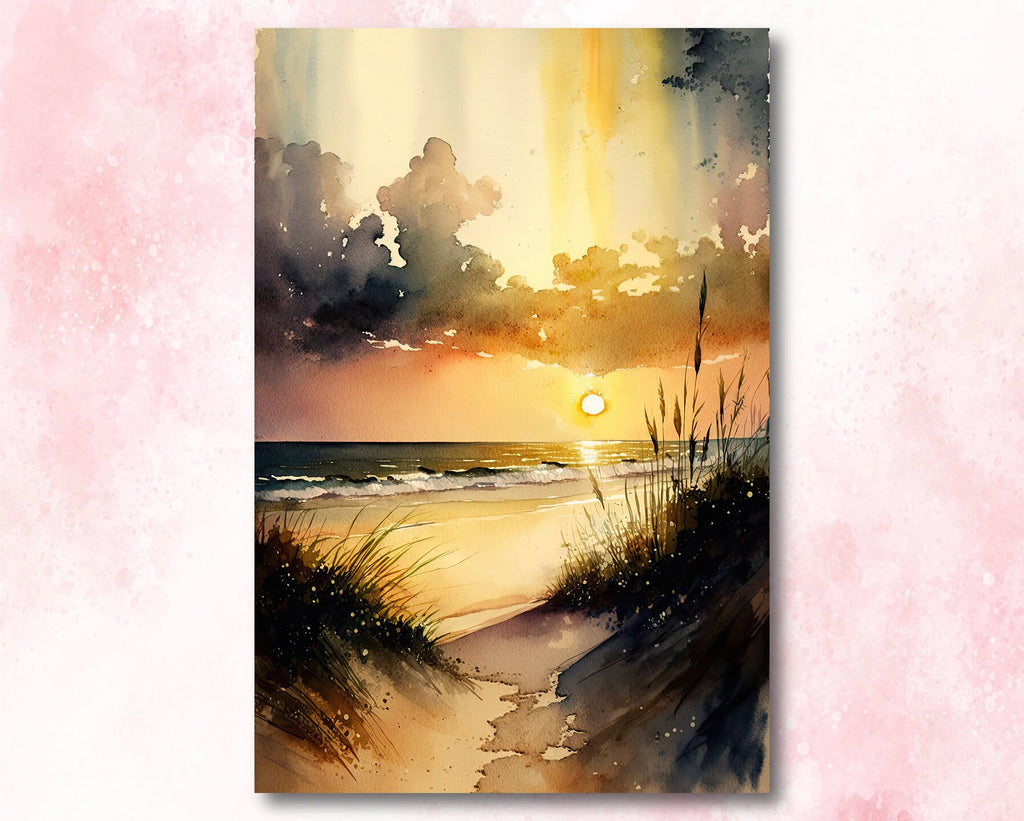 Beach Sunset Watercolor Print Ocean Wall Art Tropical Nature Gift Coastal Landscape Home Decor