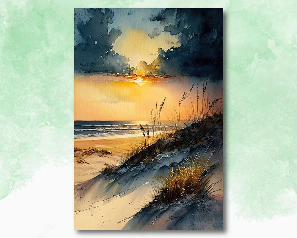 Beach Sunset Watercolor Print Ocean Wall Art Tropical Nature Gift Coastal Landscape Home Decor